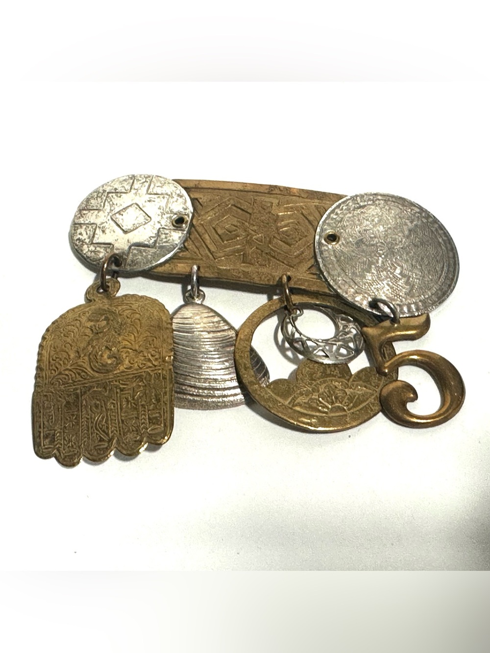 Marjorie Baer SF Brooch Brass & Silver Hanging Engraved Elements Hamsa No 5